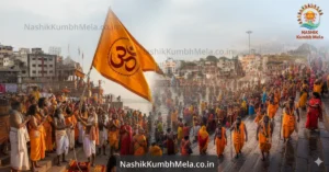 नाशिक कुंभमेळा २०२६ ध्वजारोहण सोहळा आणि रामकुंड अमृत स्नानाचे दृश्य.